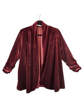 Susan Graver Luxe Burgundy Velvet Women's M Open  Jacket Ruched Sleeves formal